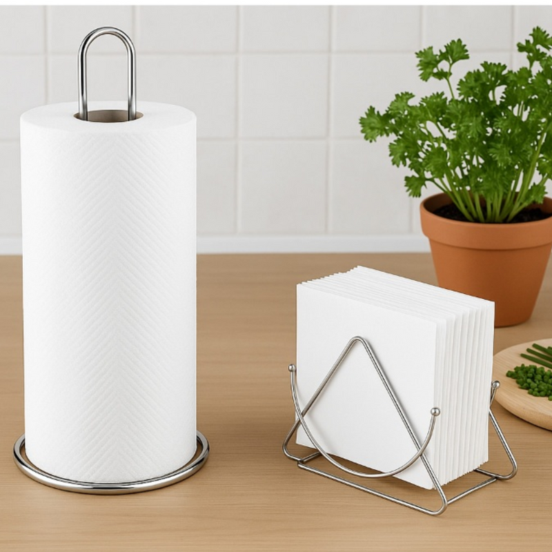 Kit Porta Papel Toalha Slim + Porta Guardanapo Para Mesa Inox Aramado