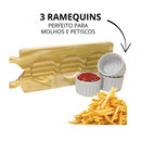 Kit Tábuas Servir Frios Petiscos 3 Ramequins Porcelana Molhos Temperos Bandeja Madeira Pinus Mesa Posta Decoração