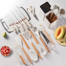 Conjunto de Utensílios de Silicone com Cabo de Madeira e Kit de Facas com Tábua 19peças