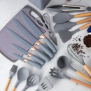 Conjunto de Utensílios de Silicone com Cabo de Madeira e Kit de Facas com Tábua 19peças