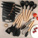 Conjunto de Utensílios de Silicone com Cabo de Madeira e Kit de Facas com Tábua 19peças