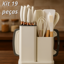 Conjunto de Utensílios de Silicone com Cabo de Madeira e Kit de Facas com Tábua 19peças