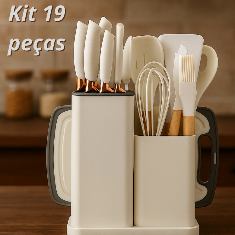 Conjunto de Utensílios de Silicone com Cabo de Madeira e Kit de Facas com Tábua 19peças