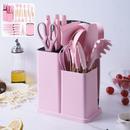 Kit Completo de Cozinha 19 Peças – Utensílios de Silicone com Cabo de Madeira + Facas e Tábua