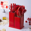 Kit Completo de Cozinha 19 Peças – Utensílios de Silicone com Cabo de Madeira + Facas e Tábua