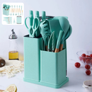 Kit Completo de Cozinha 19 Peças – Utensílios de Silicone com Cabo de Madeira + Facas e Tábua